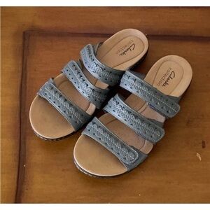 Clarks Womens Laurieann Cove Stappy Slide Leather Sandals Shoes Blue Sz 7.5